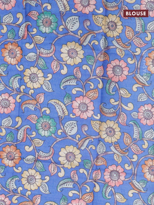 Semi tussar saree navy blue and royal blue with plain body and long copper zari woven border & kalamkari printed blouse