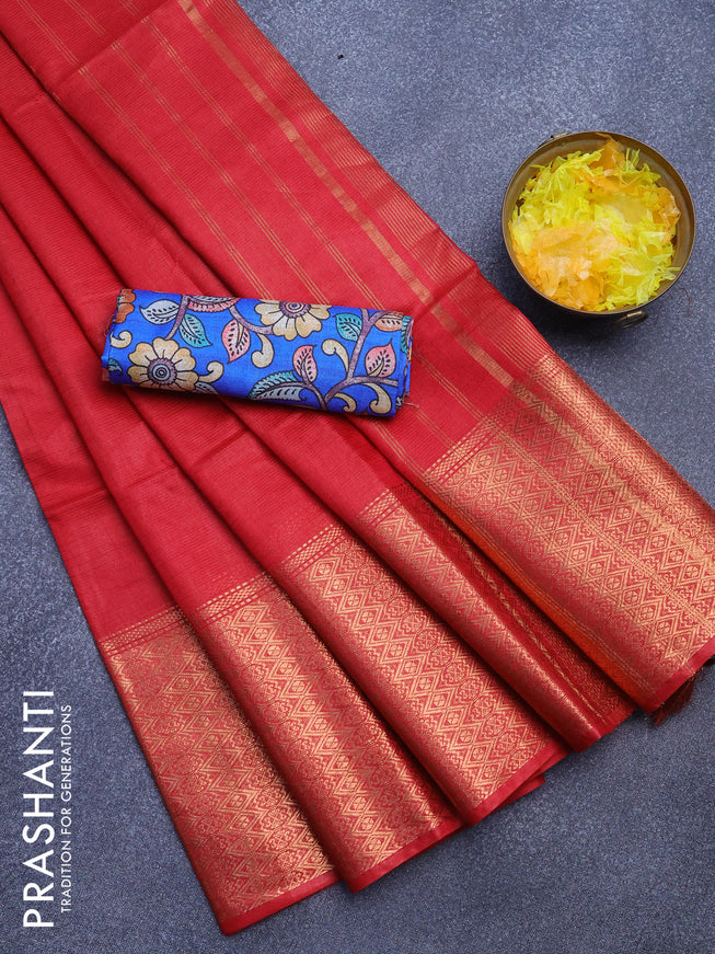 Semi tussar saree red and royal blue with plain body and long copper zari woven border & kalamkari printed blouse