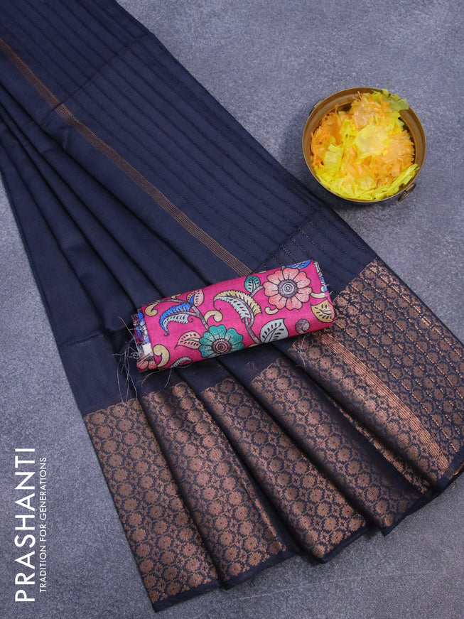 Semi tussar saree elephant grey and pink with plain body and long copper zari woven border & kalamkari printed blouse