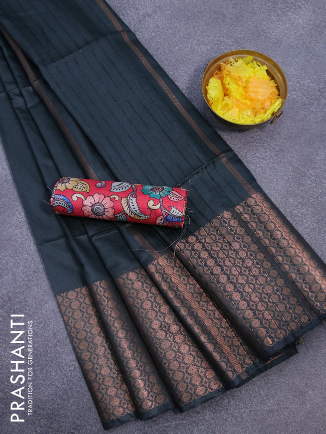 Semi tussar saree dark bottle green and red with plain body and long copper zari woven border & kalamkari printed blouse