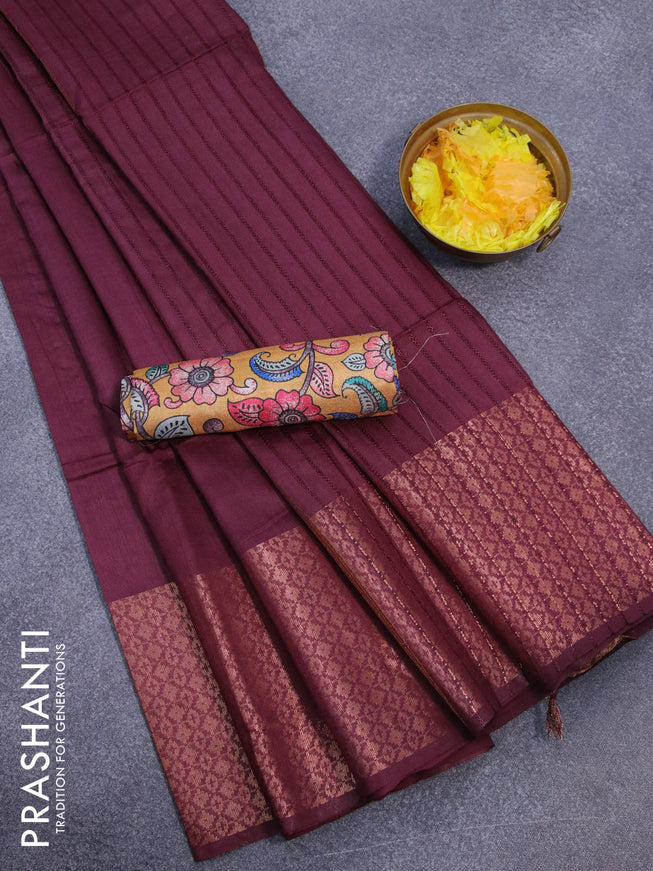 Semi tussar saree wine shade and mustard yellow with plain body and long copper zari woven border & kalamkari printed blouse
