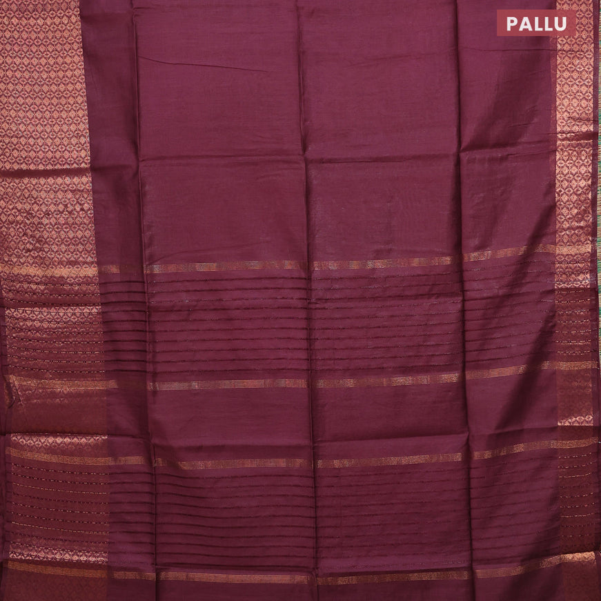 Semi tussar saree wine shade and mustard yellow with plain body and long copper zari woven border & kalamkari printed blouse