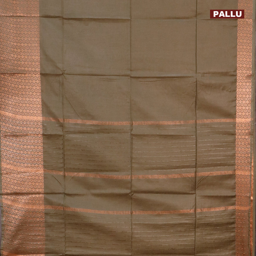 Semi tussar saree military green shade and teal blue with plain body and long copper zari woven border & kalamkari printed blouse