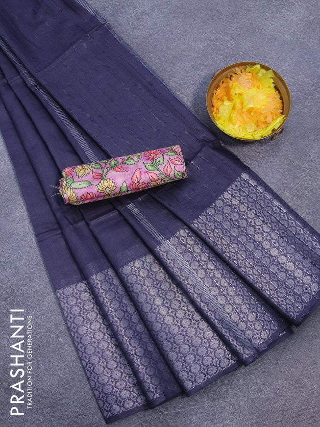 Semi tussar saree dark navy blue and light pink with plain body and long copper zari woven border & kalamkari printed blouse