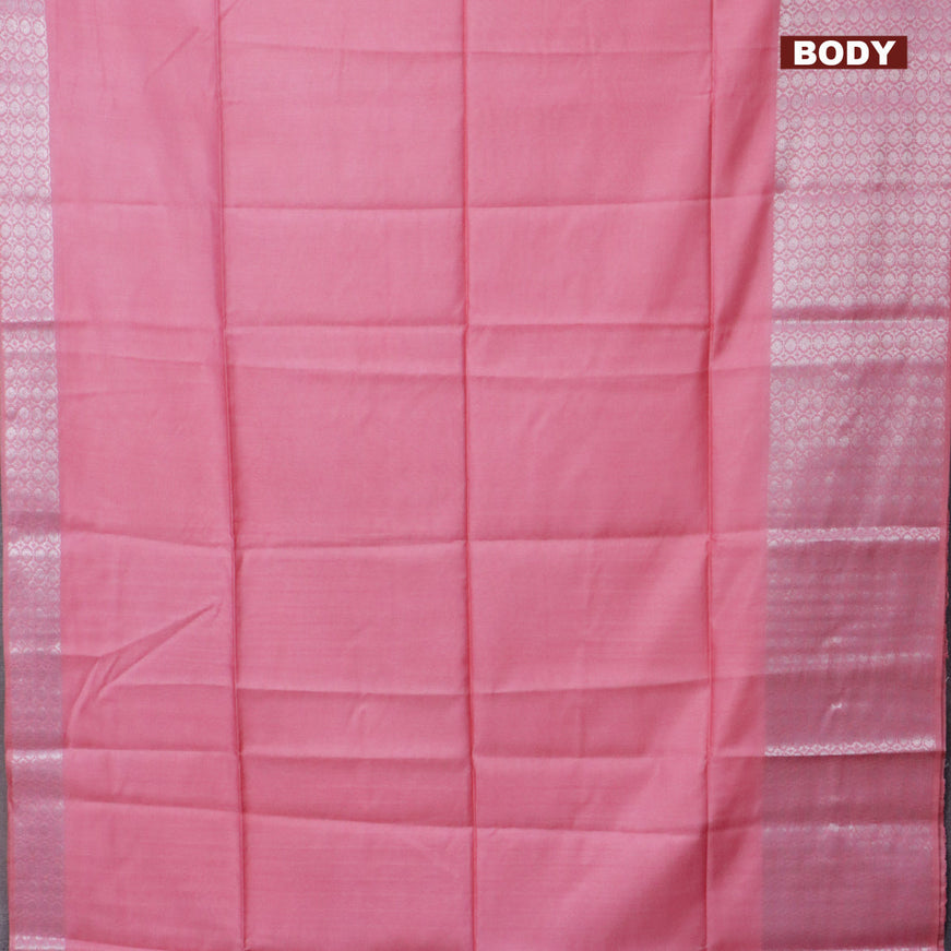 Semi tussar saree light pink and pastel blue with plain body and long copper zari woven border & kalamkari printed blouse