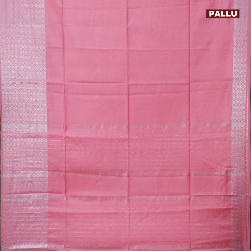 Semi tussar saree light pink and pastel blue with plain body and long copper zari woven border & kalamkari printed blouse