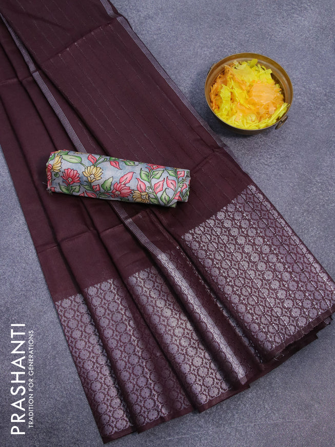 Semi tussar saree brown and grey shade with plain body and long silver zari woven border & kalamkari printed blouse