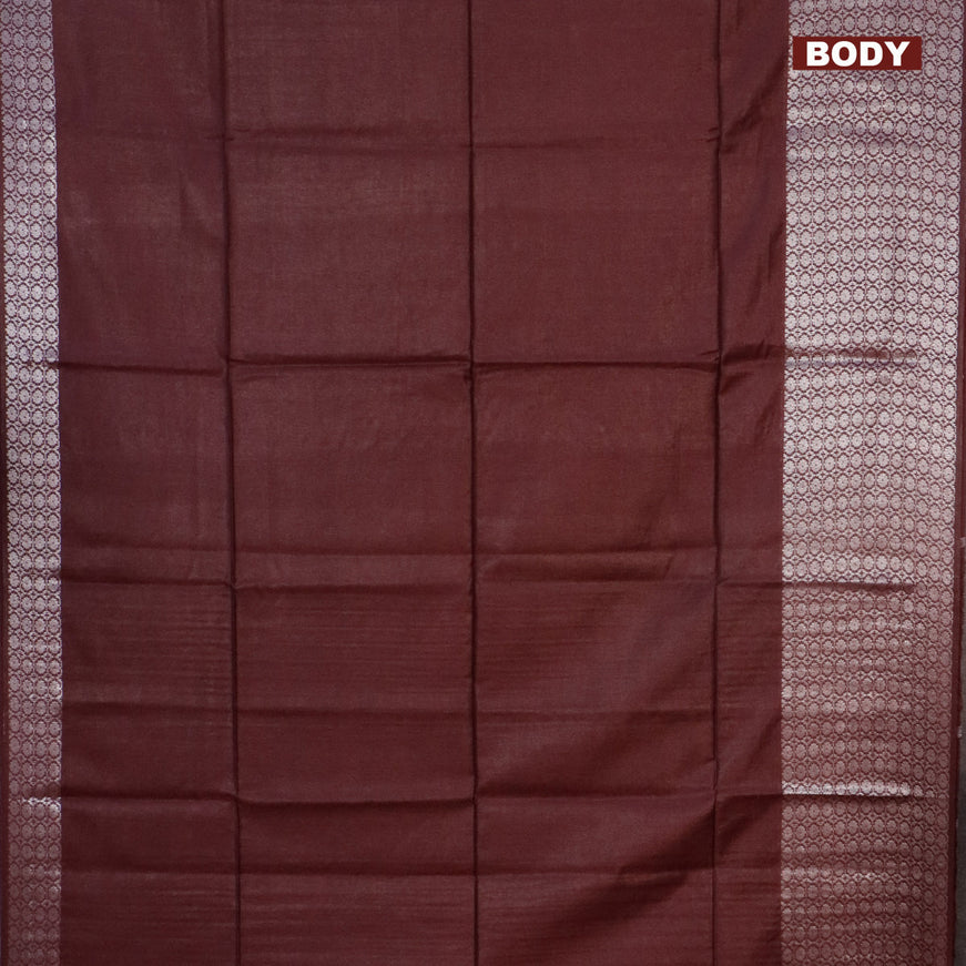 Semi tussar saree brown and grey shade with plain body and long silver zari woven border & kalamkari printed blouse