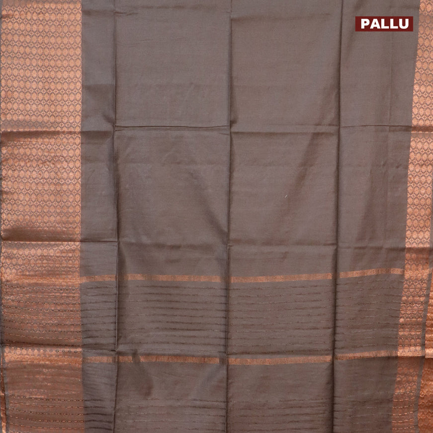 Semi tussar saree grey and tomato red with plain body and long copper zari woven border & kalamkari printed blouse