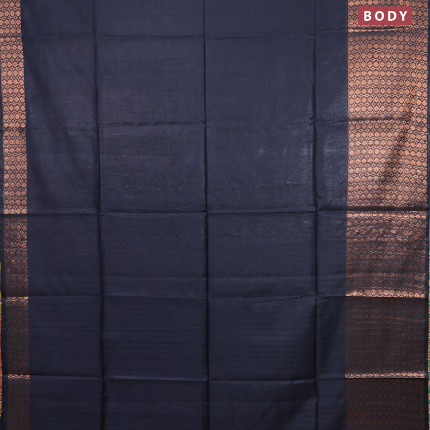 Semi tussar saree elephant grey and pink with plain body and long copper zari woven border & kalamkari printed blouse