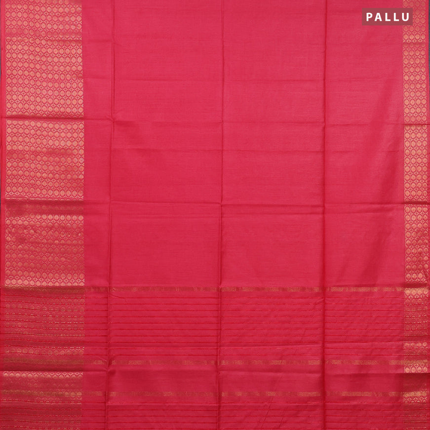 Semi tussar saree pink shade and blue with plain body and long copper zari woven border & kalamkari printed blouse