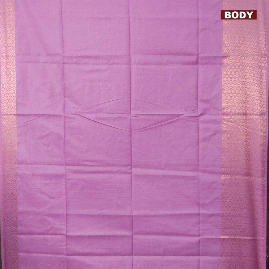 Semi tussar saree lavender and pink with plain body and long copper zari woven border & kalamkari printed blouse