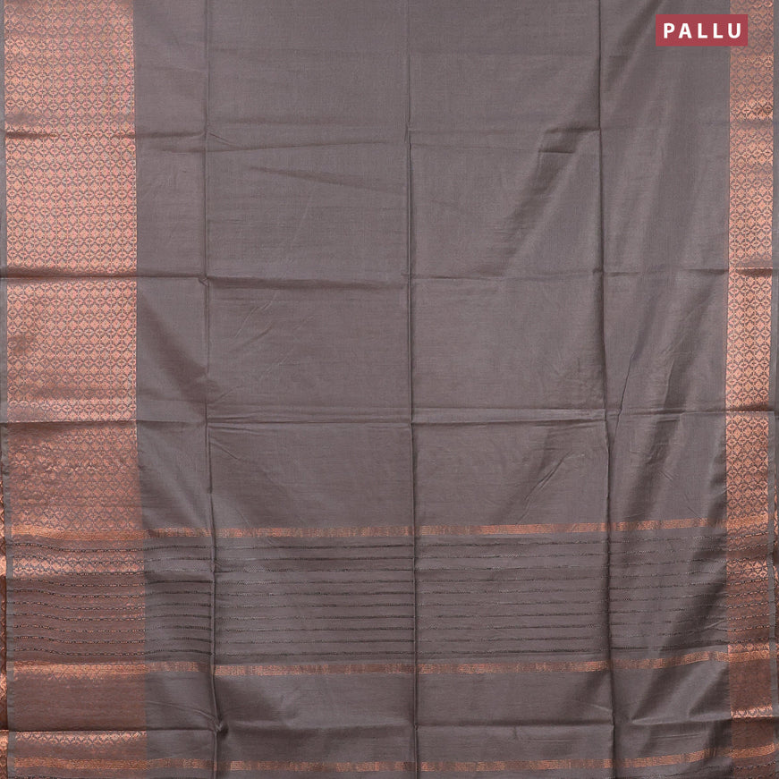 Semi tussar saree grey and teal blue with plain body and long copper zari woven border & kalamkari printed blouse