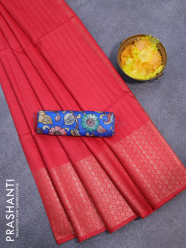 Semi tussar saree red and blue with plain body and long copper zari woven border & kalamkari printed blouse