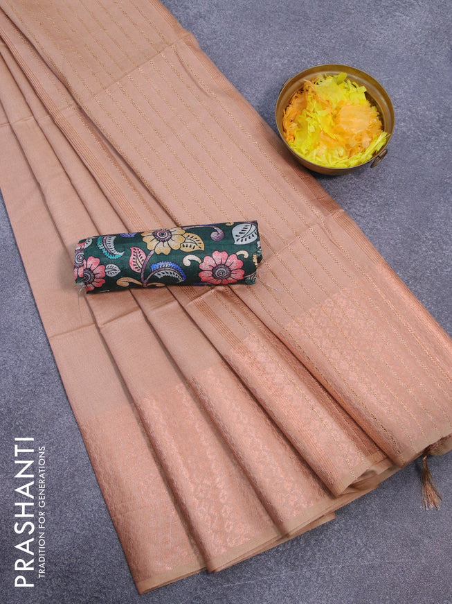 Semi tussar saree sandal and dark green with plain body and long copper zari woven border & kalamkari printed blouse