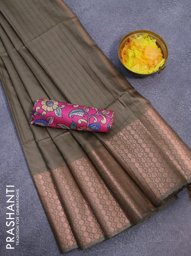 Semi tussar saree miliatry green shade and pink with plain body and long copper zari woven border & kalamkari printed blouse