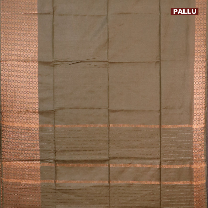 Semi tussar saree miliatry green shade and pink with plain body and long copper zari woven border & kalamkari printed blouse
