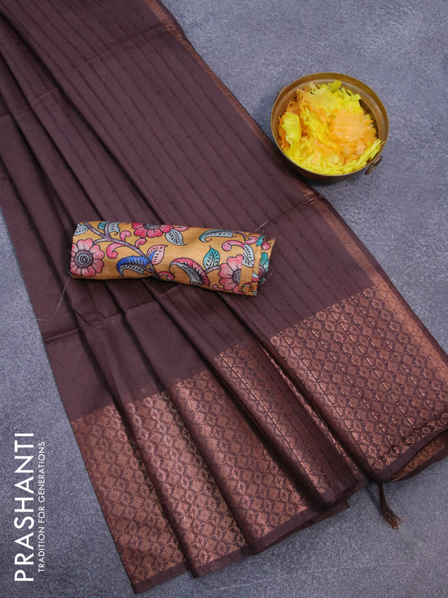 Semi tussar saree brown and mustard yellow with plain body and long copper zari woven border & kalamkari printed blouse