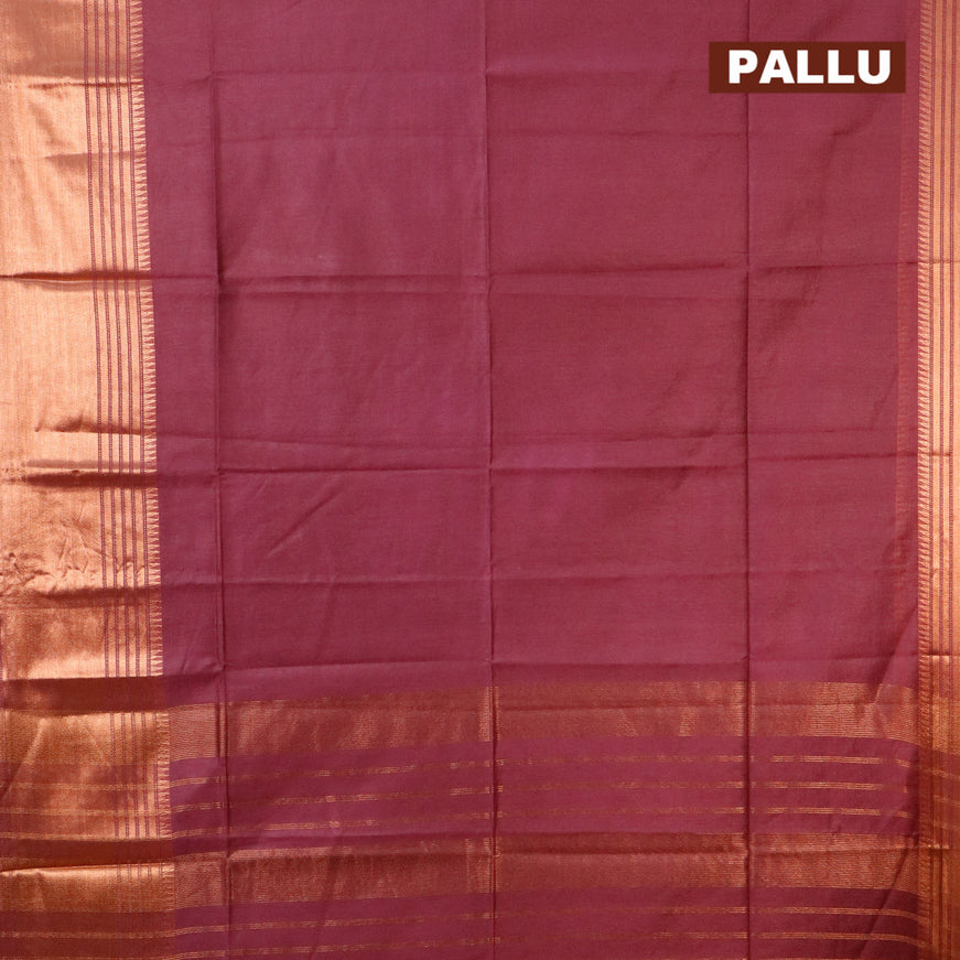 Semi tussar saree wine shade and teal blue with plain body and copper zari woven border & kalamkari printed blouse