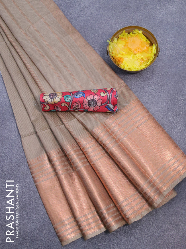 Semi tussar saree beige and pink with plain body and copper zari woven border & kalamkari printed blouse