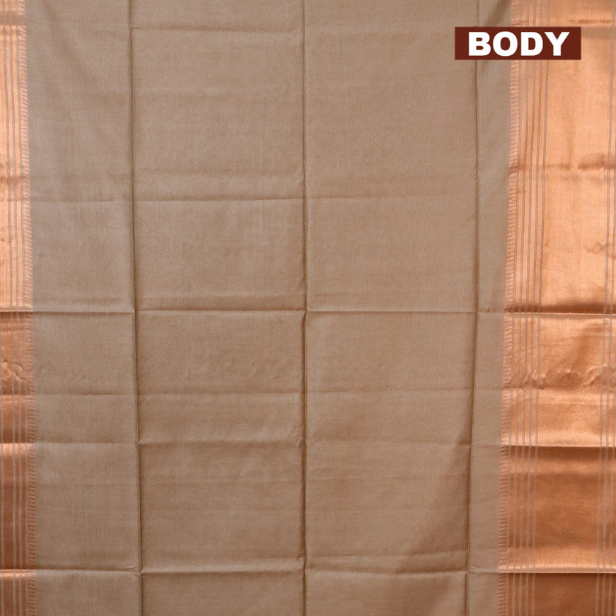 Semi tussar saree beige and pink with plain body and copper zari woven border & kalamkari printed blouse
