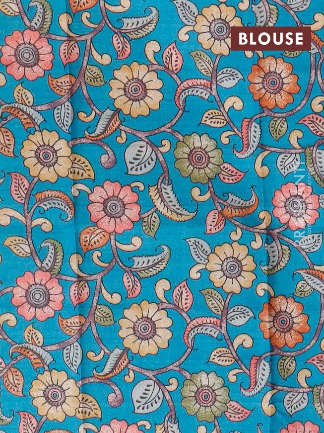 Semi tussar saree dark brown shade and teal blue with plain body and copper zari woven border & kalamkari printed blouse