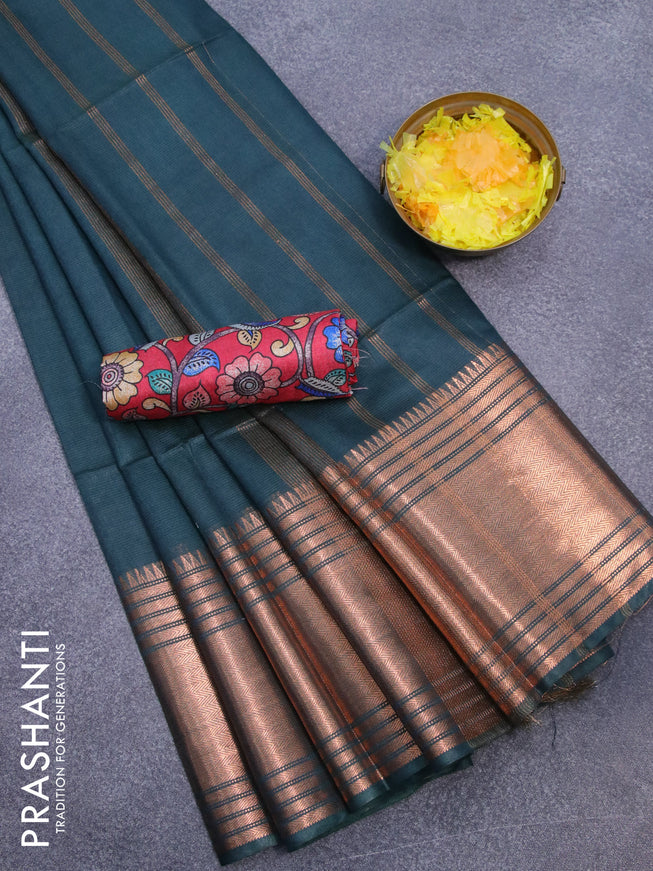 Semi tussar saree dark green and tomato pink with plain body and copper zari woven border & kalamkari printed blouse