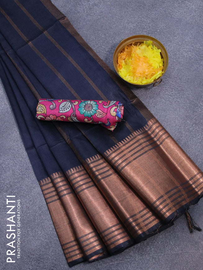 Semi tussar saree navy blue and pink with plain body and copper zari woven border & kalamkari printed blouse