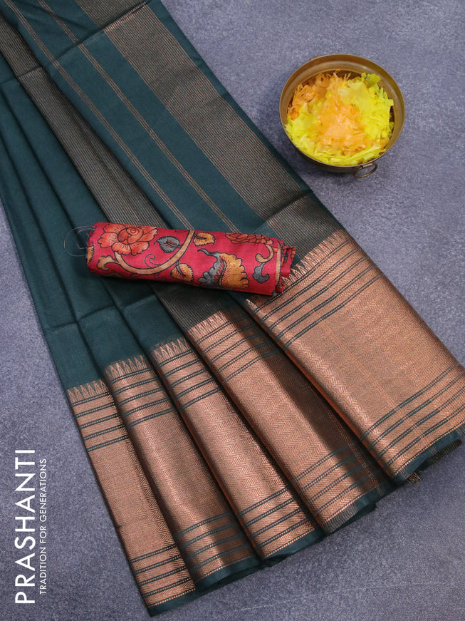 Semi tussar saree dark green and red with plain body and copper zari woven border & kalamkari printed blouse