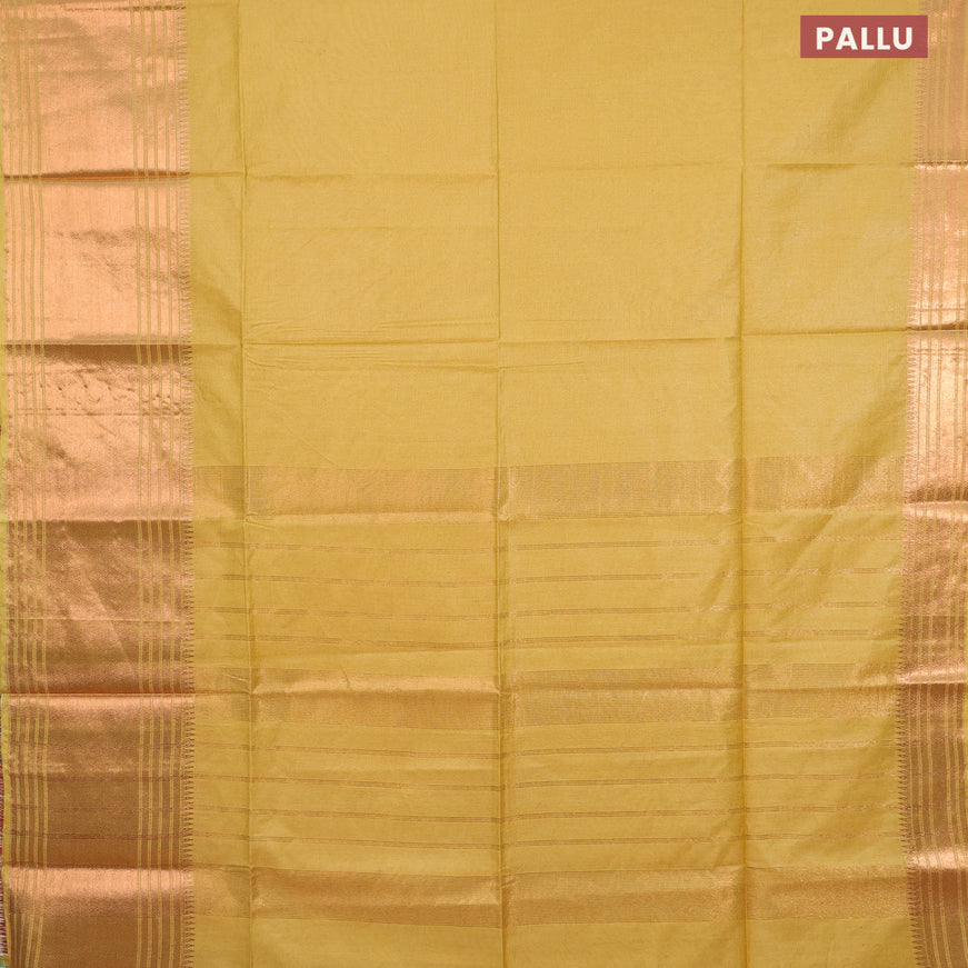 Semi tussar saree lime yellow and royal blue with plain body and copper zari woven border & kalamkari printed blouse