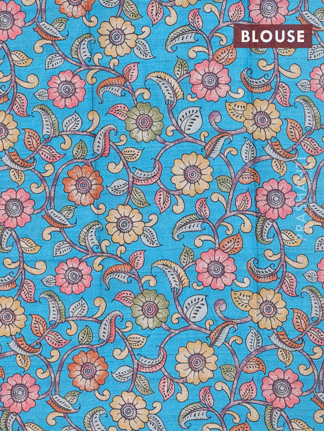 Semi tussar saree sandal and teal blue with plain body and copper zari woven border & kalamkari printed blouse