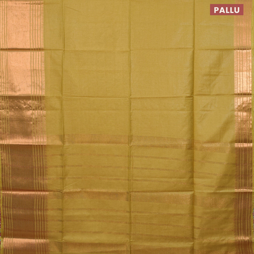 Semi tussar saree lime yellow and royal blue with plain body and copper zari woven border & kalamkari printed blouse