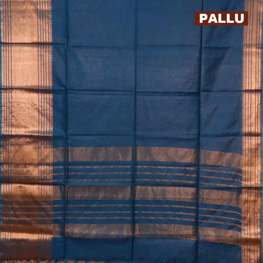 Semi tussar saree peacock blue and pink with plain body and copper zari woven border & kalamkari printed blouse