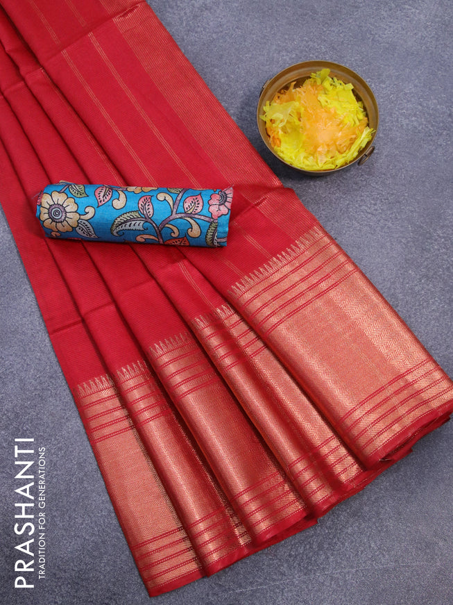 Semi tussar saree red and teal blue with plain body and copper zari woven border & kalamkari printed blouse