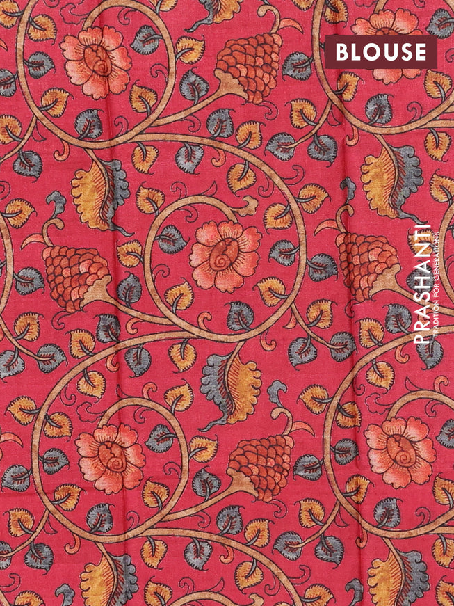 Semi tussar saree dark navy blue and red with plain body and copper zari woven border & kalamkari printed blouse