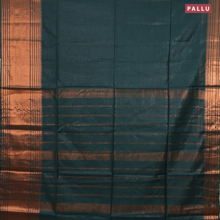 Semi tussar saree dark green and tomato pink with plain body and copper zari woven border & kalamkari printed blouse