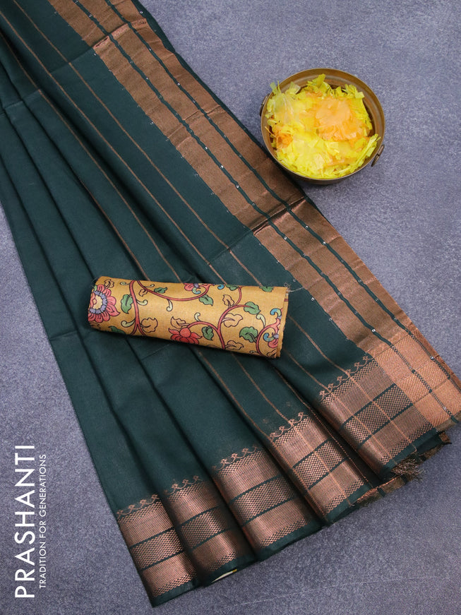 Semi tussar saree bottle green and mustard yellow with plain body and copper zari woven border & kalamkari printed blouse