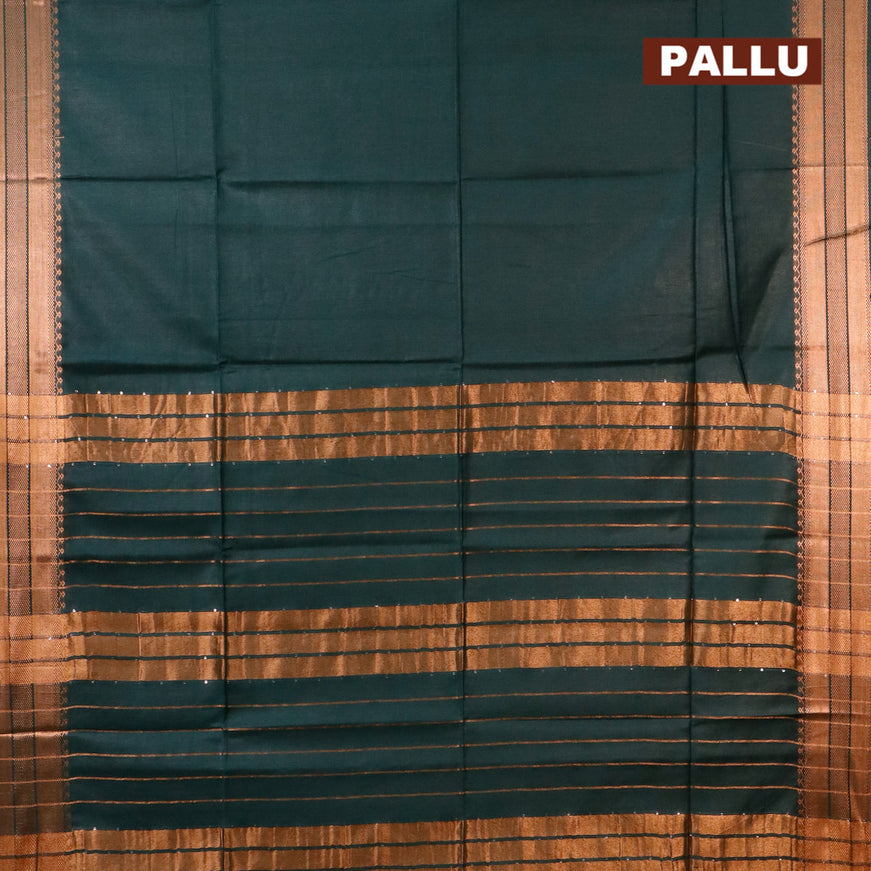 Semi tussar saree bottle green and mustard yellow with plain body and copper zari woven border & kalamkari printed blouse