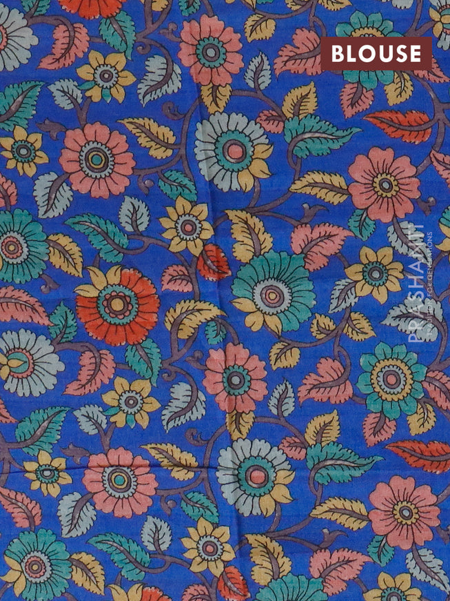 Semi tussar saree beige and blue with plain body and copper zari woven border & kalamkari printed blouse