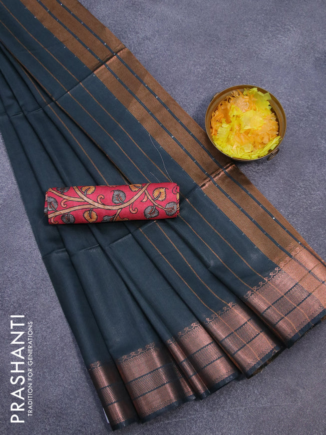 Semi tussar saree elephant grey and tomato pink with plain body and copper zari woven border & kalamkari printed blouse