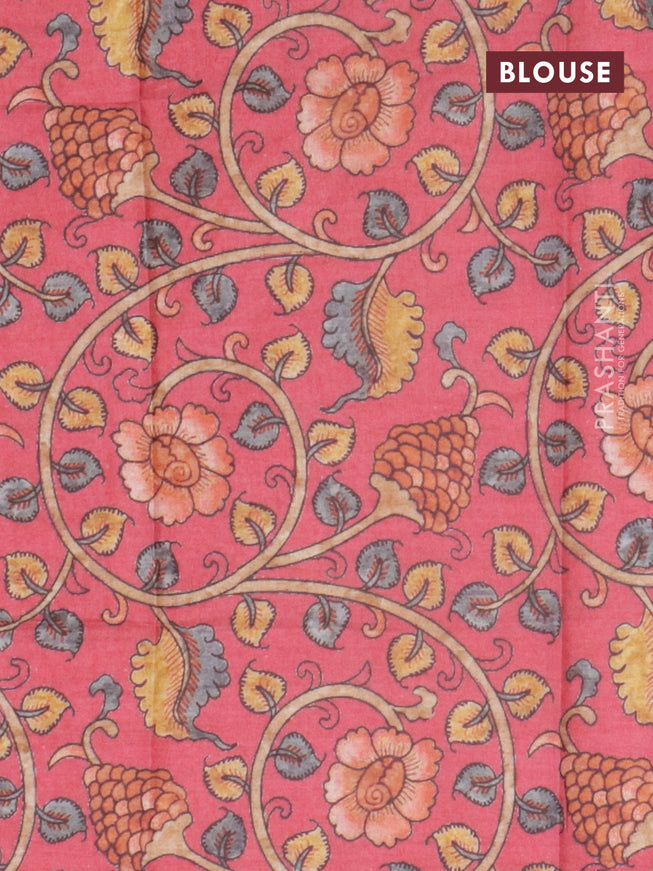 Semi tussar saree elephant grey and tomato pink with plain body and copper zari woven border & kalamkari printed blouse