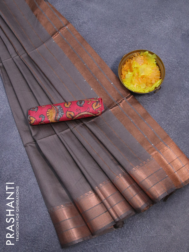 Semi tussar saree grey and pink with plain body and copper zari woven border & kalamkari printed blouse