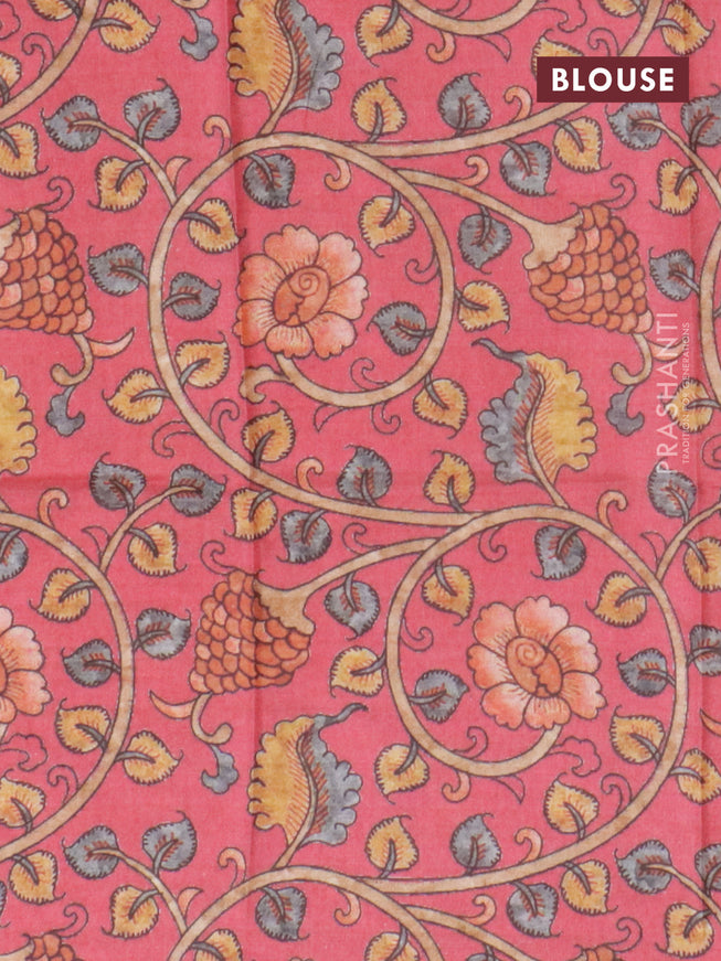 Semi tussar saree grey and pink with plain body and copper zari woven border & kalamkari printed blouse