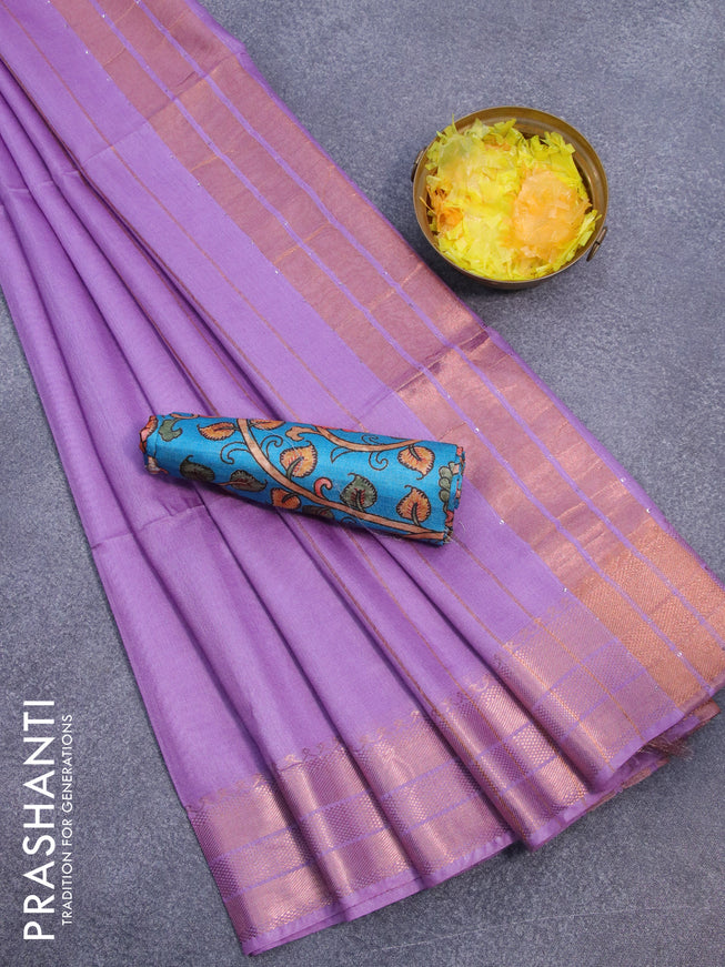Semi tussar saree lavender shade and cs blue with plain body and copper zari woven border & kalamkari printed blouse