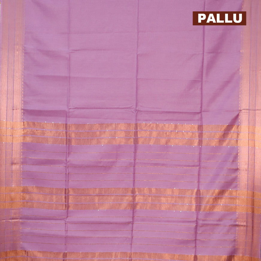 Semi tussar saree lavender shade and cs blue with plain body and copper zari woven border & kalamkari printed blouse