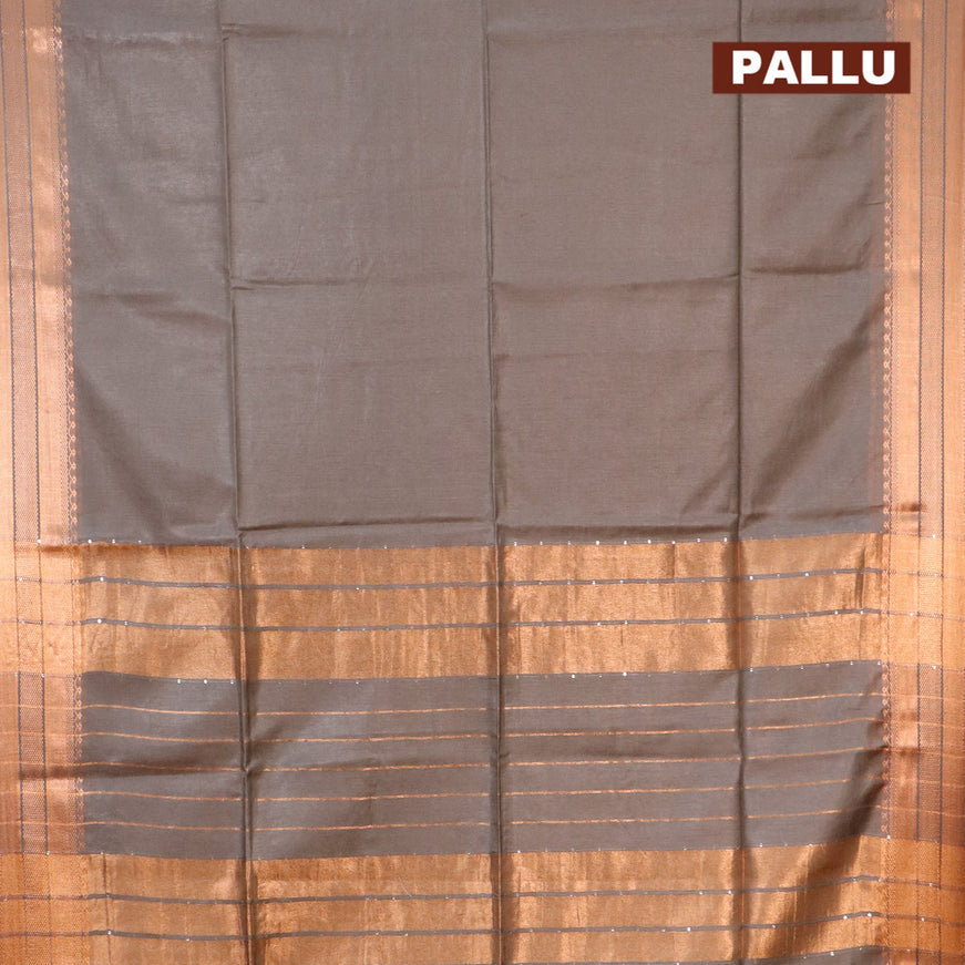 Semi tussar saree grey shade and dark green with plain body and copper zari woven border & kalamkari printed blouse