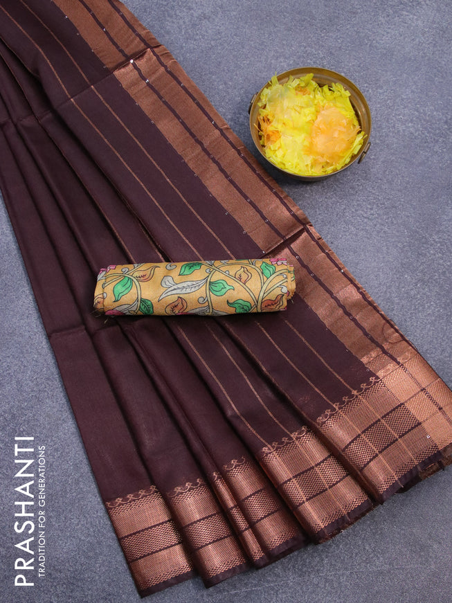 Semi tussar saree coffee brown and mustard yellow with plain body and copper zari woven border & kalamkari printed blouse