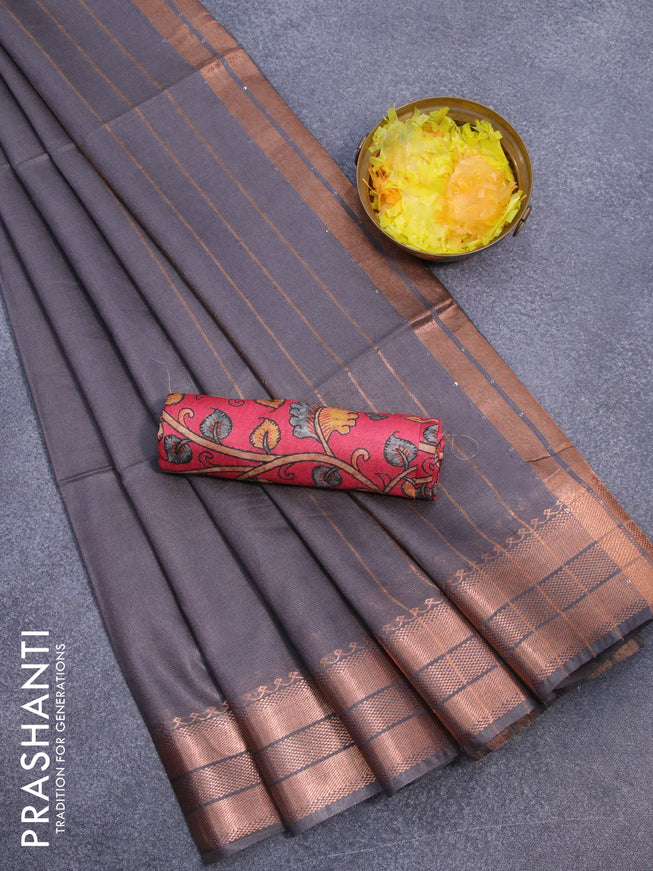 Semi tussar saree grey and tomato pink with plain body and copper zari woven border & kalamkari printed blouse