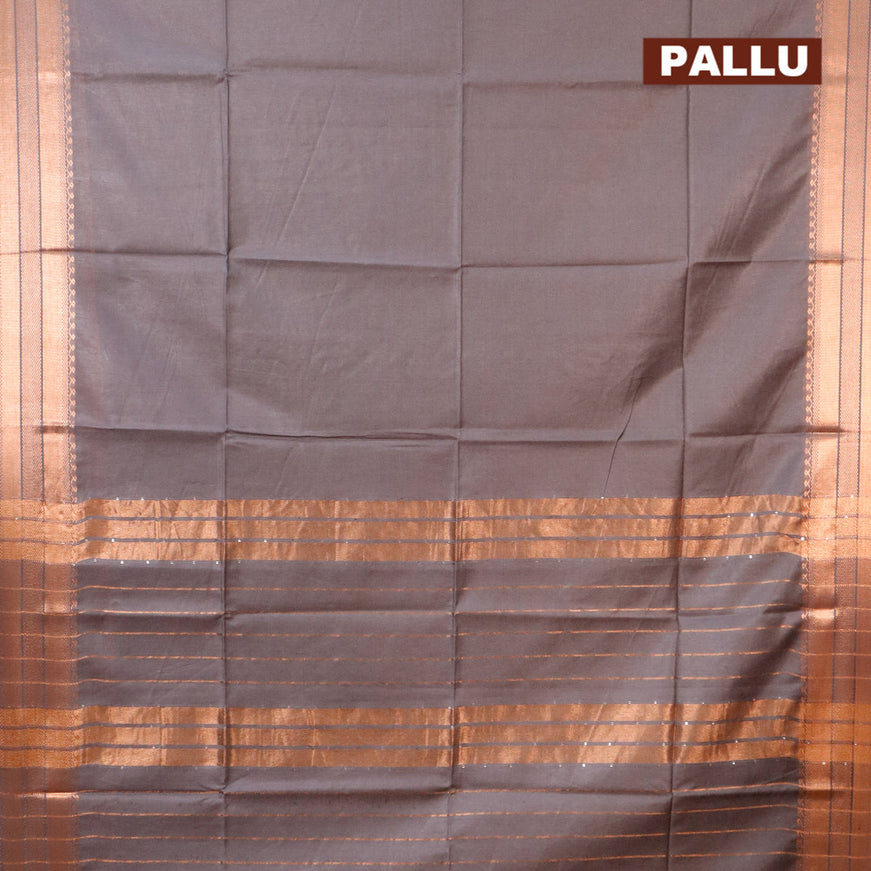 Semi tussar saree grey and tomato pink with plain body and copper zari woven border & kalamkari printed blouse
