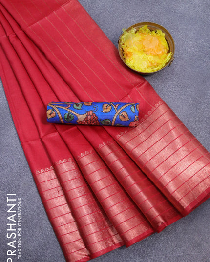 Semi tussar saree red and blue with plain body and long copper zari woven border & kalamkari printed blouse